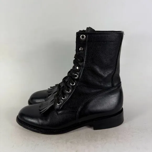 Dan Post Boots Women's 7 Black Leather Lace Up Round Toe Western Kiltie Boots