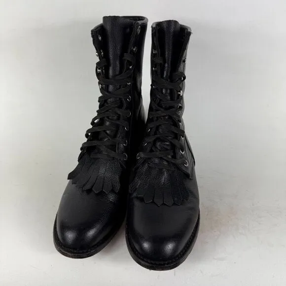 Dan Post Boots Women's 7 Black Leather Lace Up Round Toe Western Kiltie Boots