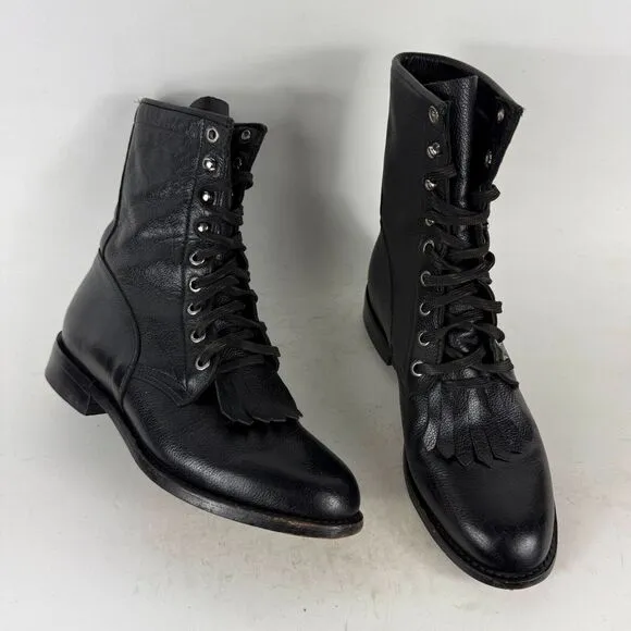 Dan Post Boots Women's 7 Black Leather Lace Up Round Toe Western Kiltie Boots