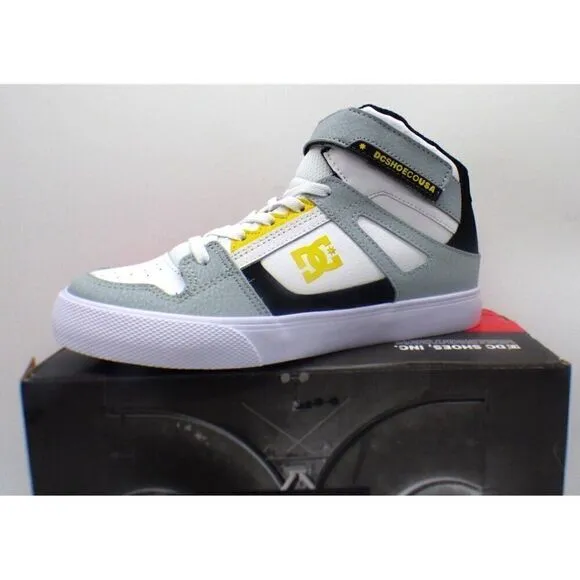 DC Kids Pure High-Top EV (Little Kid/ Big Kid), White /Gray /Yellow, Boy’s Sz. 5