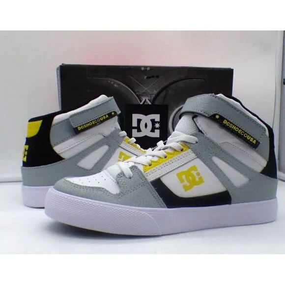 DC Kids Pure High-Top EV (Little Kid/ Big Kid), White /Gray /Yellow, Boy’s Sz. 5