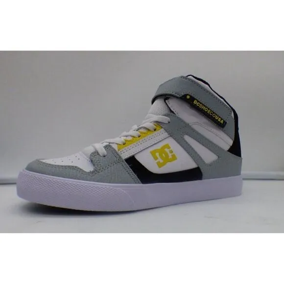DC Kids Pure High-Top EV (Little Kid/ Big Kid), White /Gray /Yellow, Boy’s Sz. 5