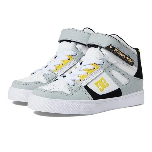DC Kids Pure High-Top EV (Little Kid/ Big Kid), White /Gray /Yellow, Boy’s Sz. 5