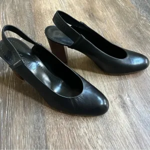 Delman Black Leather Sling Back Block Heels Classic Career Size 9