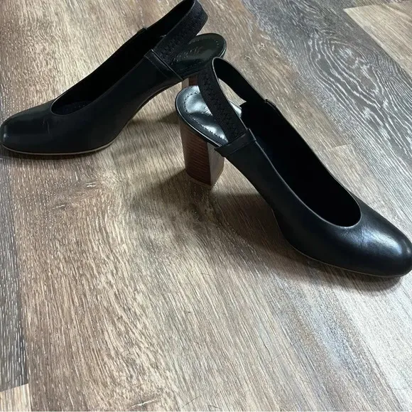 Delman Black Leather Sling Back Block Heels Classic Career Size 9