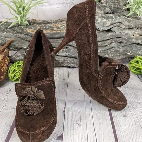 Delman Brown Suede Leather Fur Lined Heels