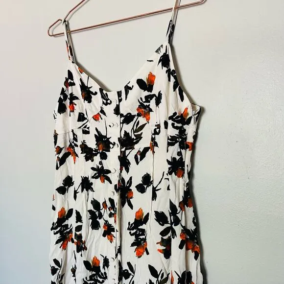 DEREK LAM White Floral Print Camisole Button Front Waist Tie Midi Dress Size 12