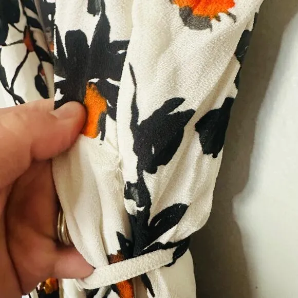 DEREK LAM White Floral Print Camisole Button Front Waist Tie Midi Dress Size 12