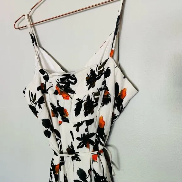 DEREK LAM White Floral Print Camisole Button Front Waist Tie Midi Dress Size 12