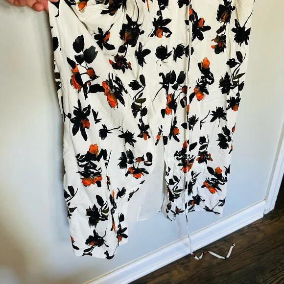 DEREK LAM White Floral Print Camisole Button Front Waist Tie Midi Dress Size 12
