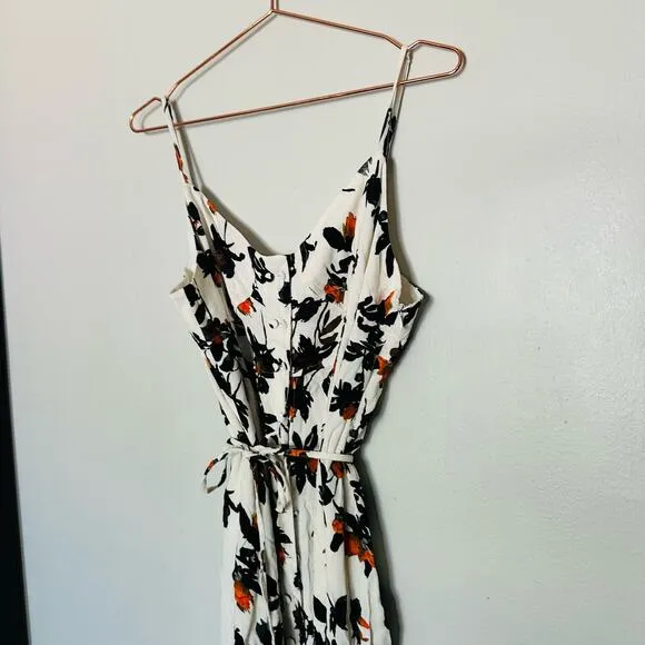 DEREK LAM White Floral Print Camisole Button Front Waist Tie Midi Dress Size 12