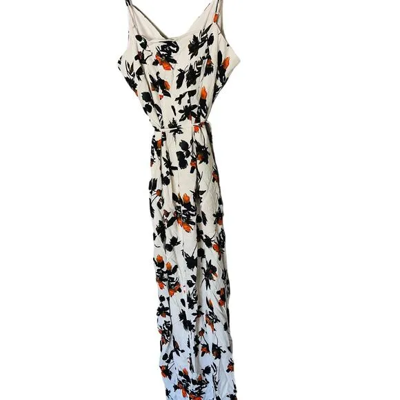 DEREK LAM White Floral Print Camisole Button Front Waist Tie Midi Dress Size 12