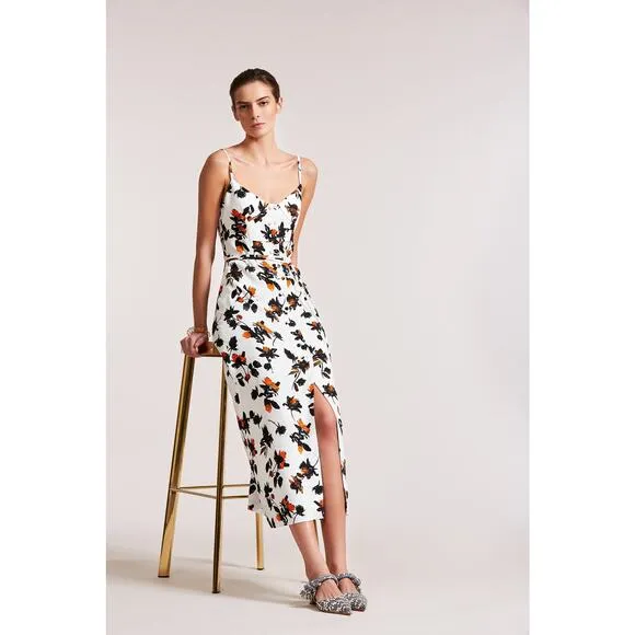 DEREK LAM White Floral Print Camisole Button Front Waist Tie Midi Dress Size 12