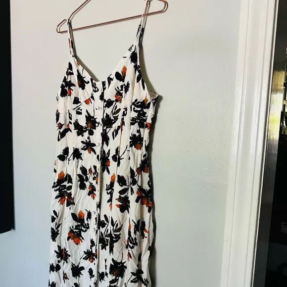 DEREK LAM White Floral Print Camisole Button Front Waist Tie Midi Dress Size 12