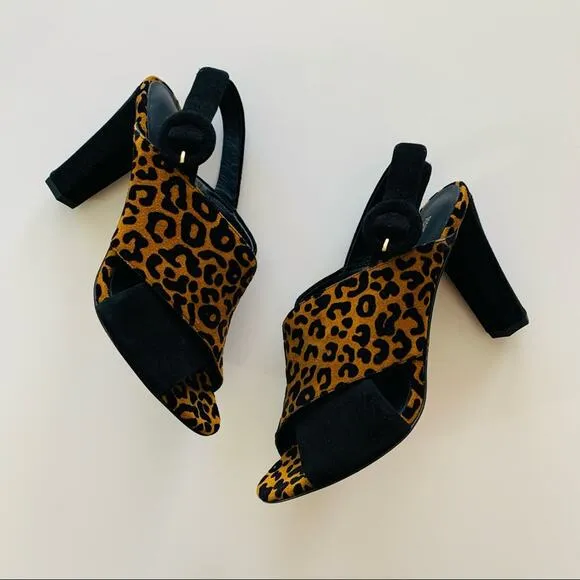 Diane von Furstenberg Baile Two-Tone Black and Leopard Print Heel Sandals sz 6