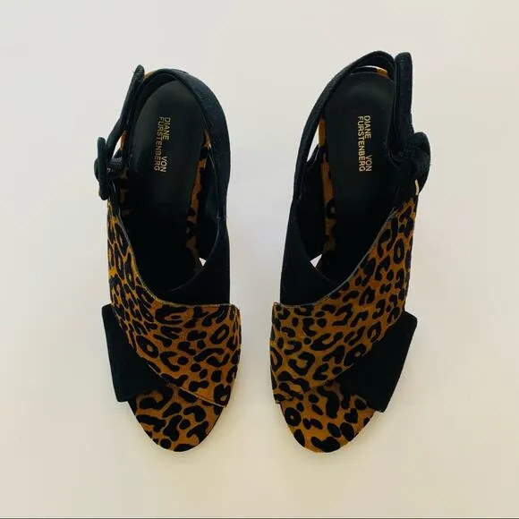 Diane von Furstenberg Baile Two-Tone Black and Leopard Print Heel Sandals sz 6