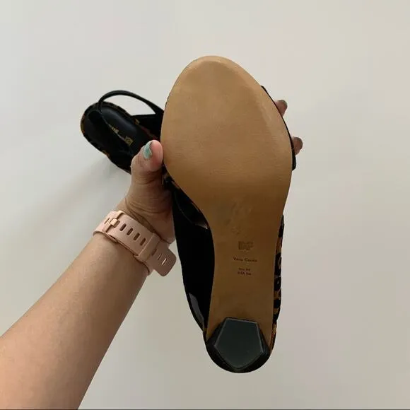 Diane von Furstenberg Baile Two-Tone Black and Leopard Print Heel Sandals sz 6
