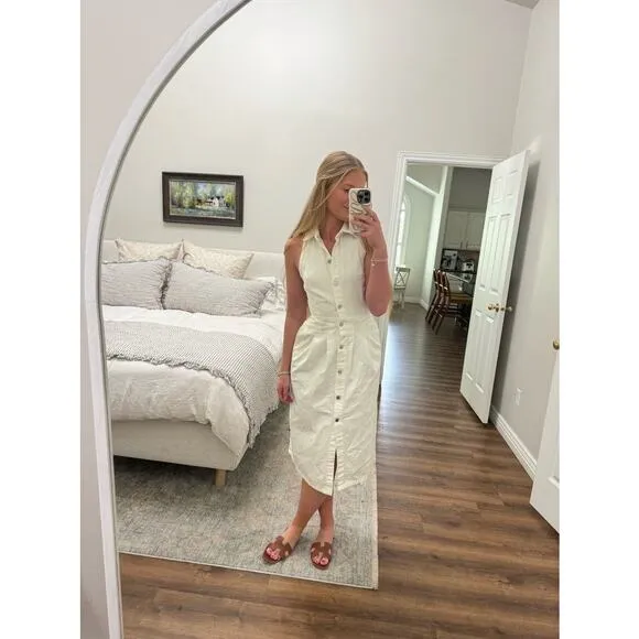 DL1961 White Denim Daphne Silver Button Sleeveless Midi Dress Size Small