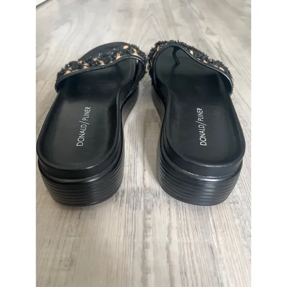 Donald J. Pliner Black and Tan Slide Sandals Furry Strap