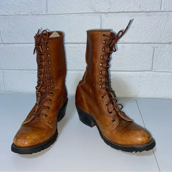 Double H Women 7.5 Leather Packer Boots Lace Up Roper Western Heeled Camel 7 1/2