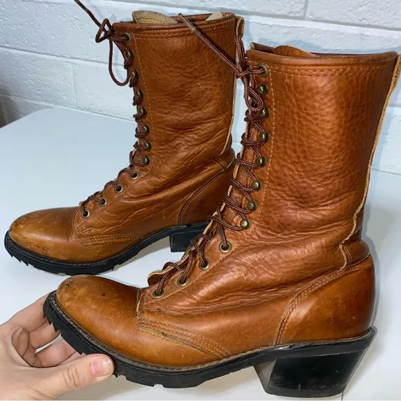 Double H Women 7.5 Leather Packer Boots Lace Up Roper Western Heeled Camel 7 1/2