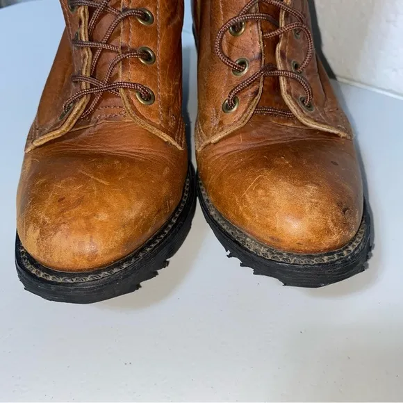 Double H Women 7.5 Leather Packer Boots Lace Up Roper Western Heeled Camel 7 1/2