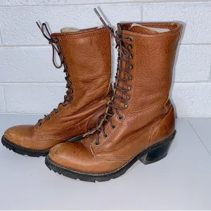 Double H Women 7.5 Leather Packer Boots Lace Up Roper Western Heeled Camel 7 1/2