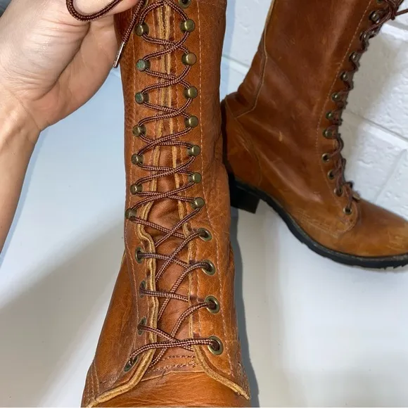 Double H Women 7.5 Leather Packer Boots Lace Up Roper Western Heeled Camel 7 1/2