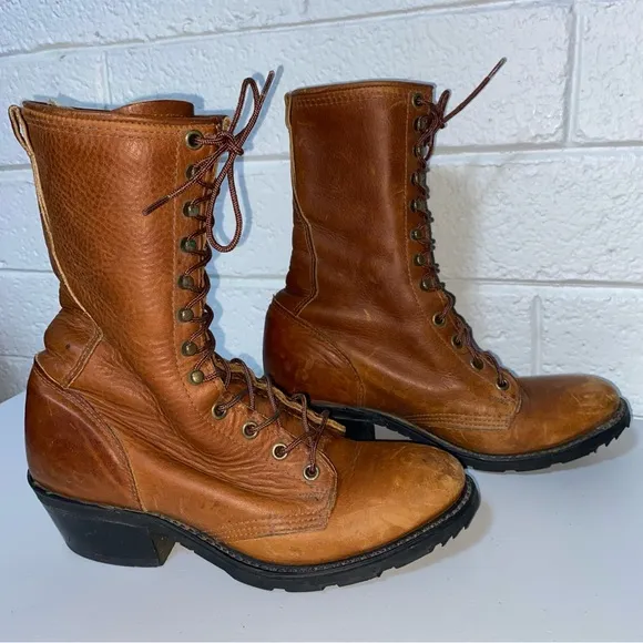 Double H Women 7.5 Leather Packer Boots Lace Up Roper Western Heeled Camel 7 1/2