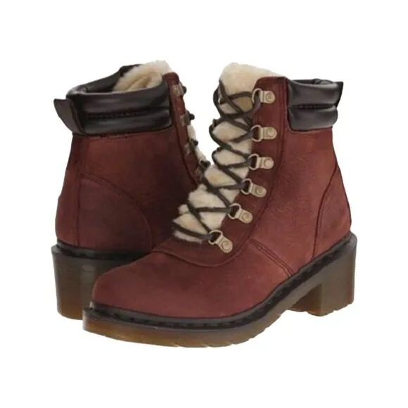 DR DOC MARTENS Sylvia Parade Mid Heel Boots 10 Burgundy Leather Lace Up Hiking