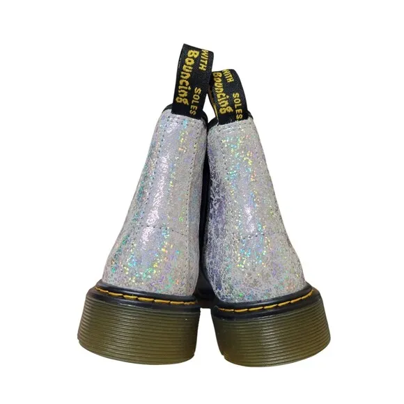 Dr. Martens 1460 Silver Disco Crinkle Lace Up Side Zip Combat Boots Kid’s 3 NEW
