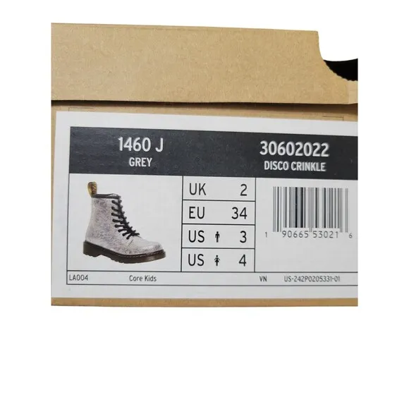 Dr. Martens 1460 Silver Disco Crinkle Lace Up Side Zip Combat Boots Kid’s 3 NEW