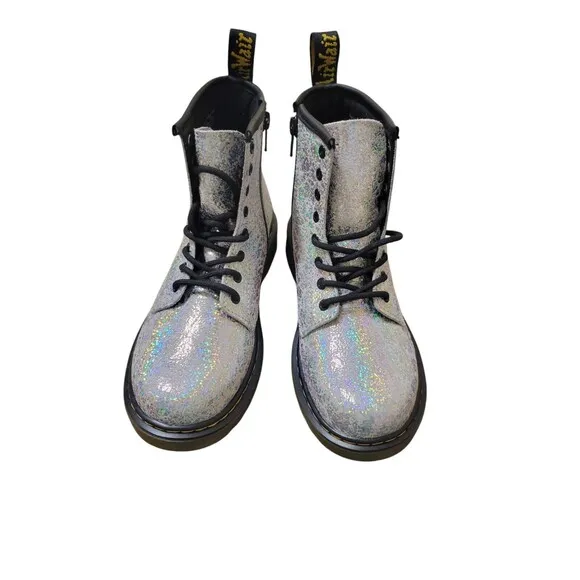 Dr. Martens 1460 Silver Disco Crinkle Lace Up Side Zip Combat Boots Kid’s 3 NEW