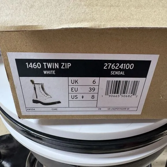DR. MARTENS 1460 Twin Zip Combat Boots Womens White Size 8 New