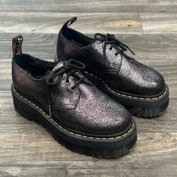 Dr. Martens 1461 Quad Faux Fur-Lined Leather Platform Shoes Black Metallic - 7