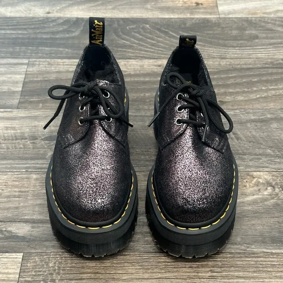 Dr. Martens 1461 Quad Faux Fur-Lined Leather Platform Shoes Black Metallic - 7