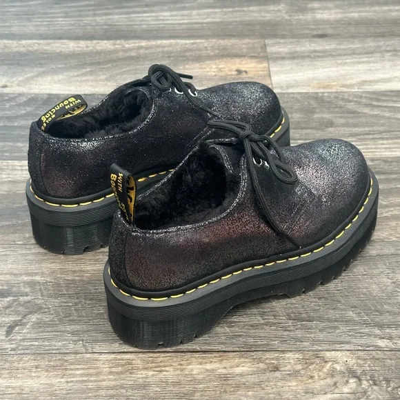 Dr. Martens 1461 Quad Faux Fur-Lined Leather Platform Shoes Black Metallic - 7