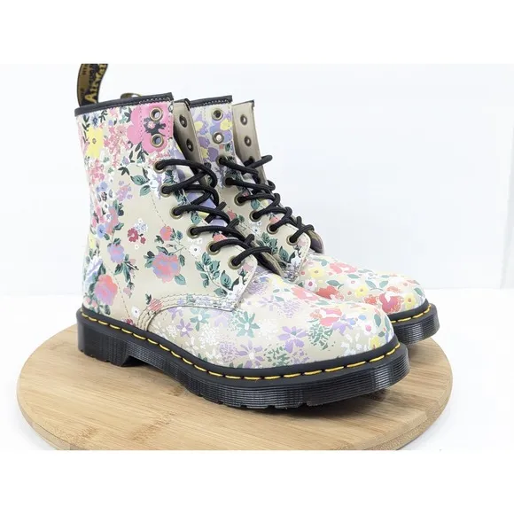 Dr Martens Floral Mash Up Womans 8 Combat Boots Docs Leather Garden Multicolor