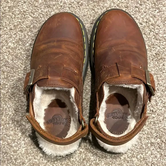 Dr. Martens Women’s Warm Brown Leather Jorge II Slingback Mule Faux Fur Lined