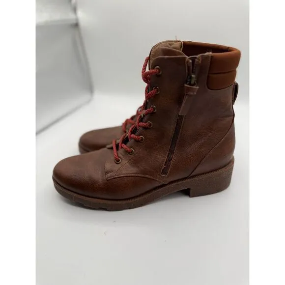 Dr. Scholls Brown Leather‎ Combat Boots with Red Laces Casual Military Style