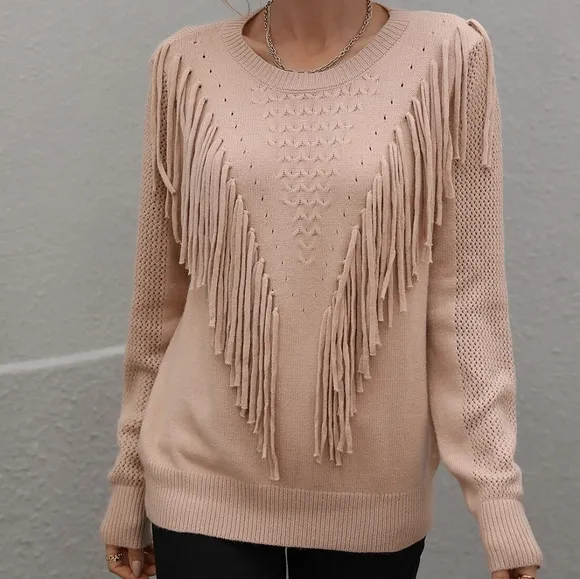 Effortless Fringe Accent Sweater - Peach