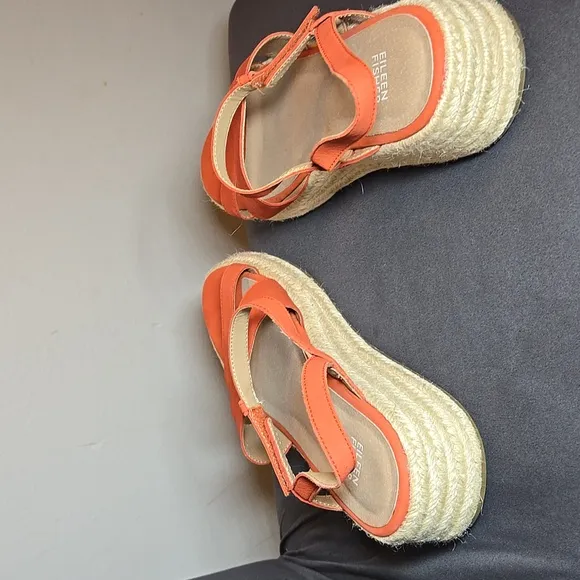 Eileen Fisher Leather Devi Tangelo Tumbled Nubuck Espadrills Platform Sandals