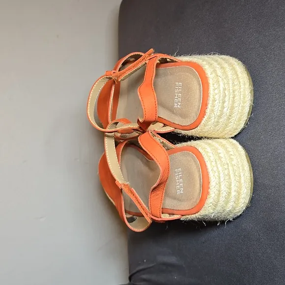 Eileen Fisher Leather Devi Tangelo Tumbled Nubuck Espadrills Platform Sandals