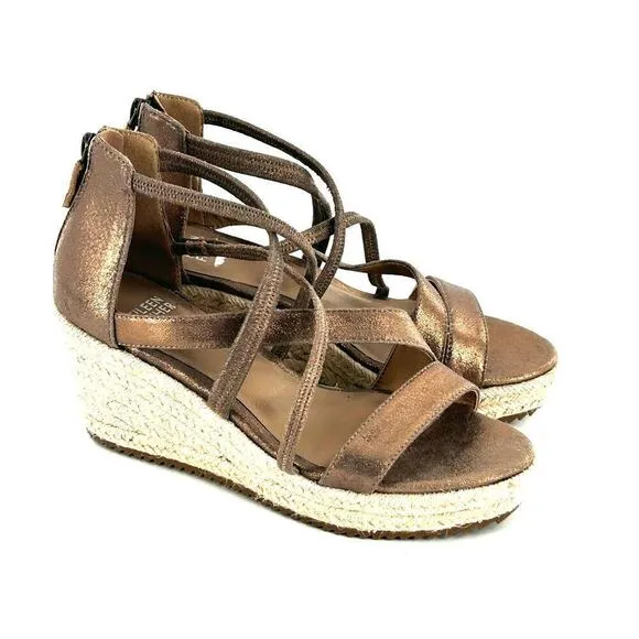Eileen Fisher Wanda Espadrille Sandals 6 NWOT Wedge Strappy Leather Gold Tan