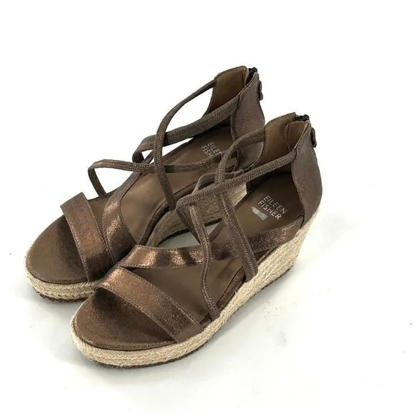 Eileen Fisher Wanda Espadrille Sandals 6 NWOT Wedge Strappy Leather Gold Tan