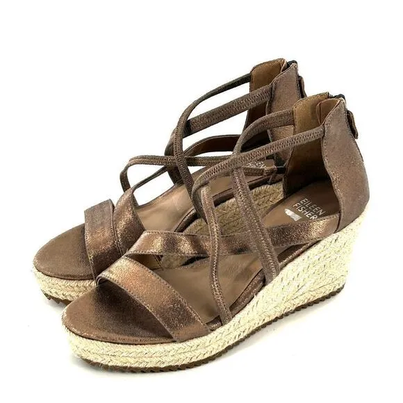 Eileen Fisher Wanda Espadrille Sandals 6 NWOT Wedge Strappy Leather Gold Tan