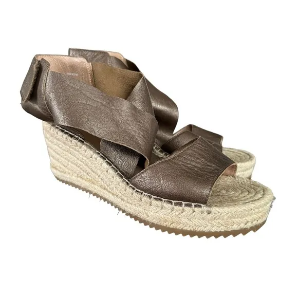 Eileen Fisher Woman's Bronze Willow Espadrille Leather Wedge Sandals, Size 8.5