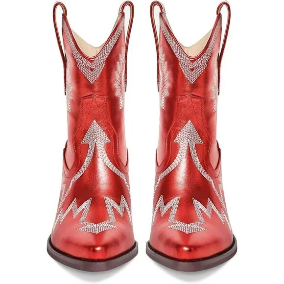 Embroidered Cowgirl Boots For Women Red Metallic Faux Leather Ankle Booties