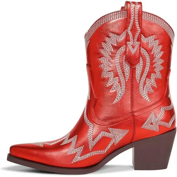 Embroidered Cowgirl Boots For Women Red Metallic Faux Leather Ankle Booties