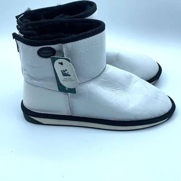 EMU Australia Stinger Mini Zip White Leather Boots Water Resistant W7/M6 NWOB